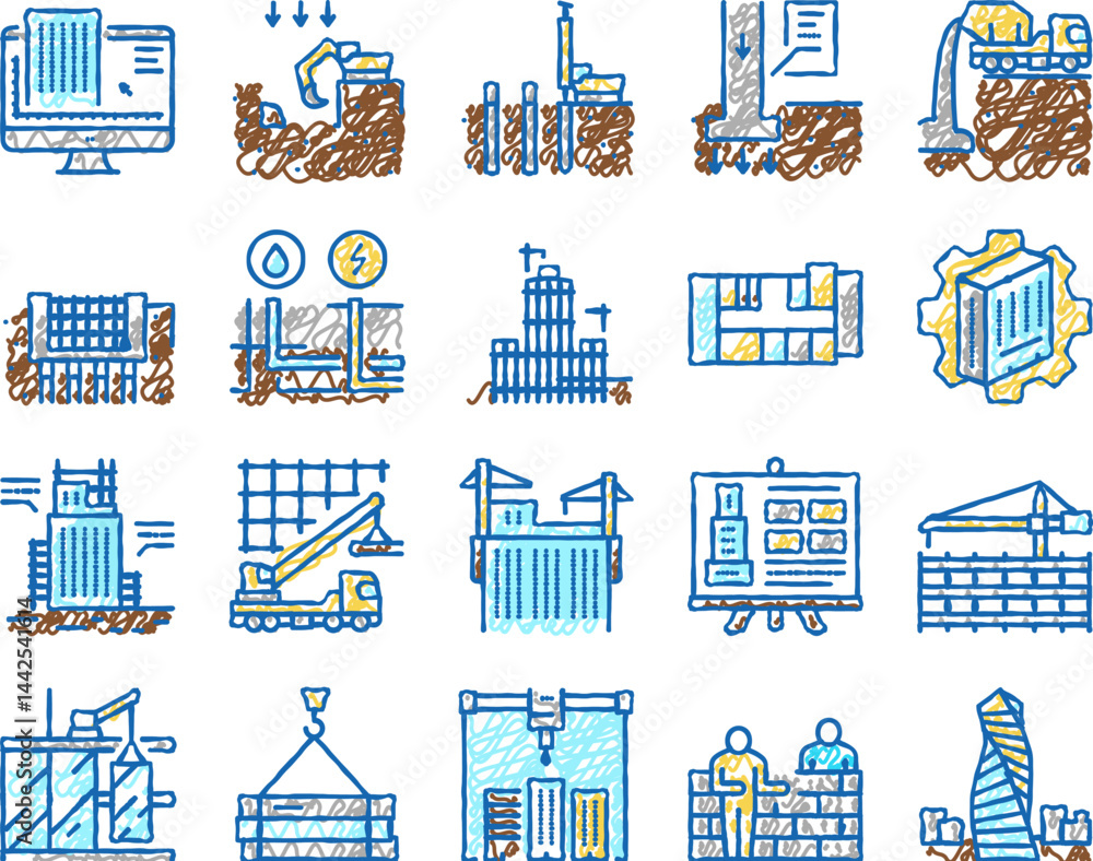 Obraz premium Building Construction set Icons hand drawn