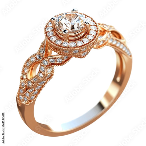 Rose gold diamond ring with intricate design showcasing a large center stone surrounded by smaller diamonds