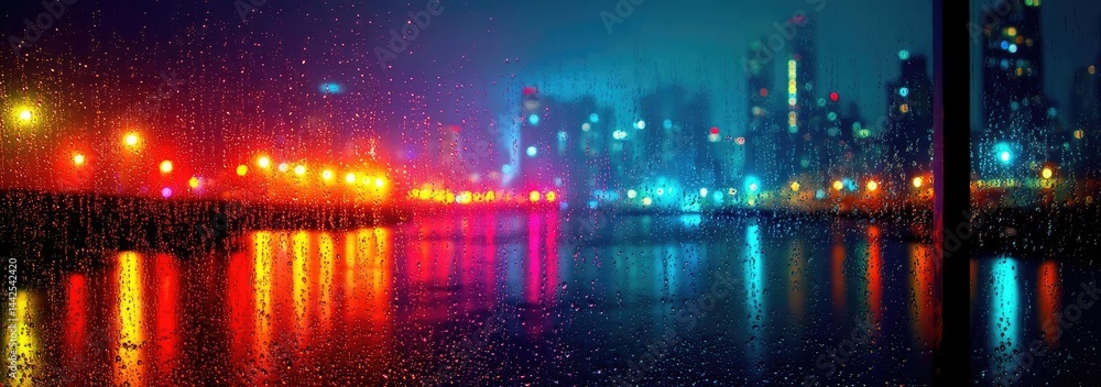 Fototapeta premium Raindrop on a window capturing landscape, water, and city mood concept. Stunning cityscape reflecting in the water during a rainy night.
