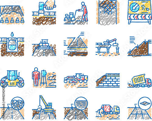Road Construction set Icons hand drawn