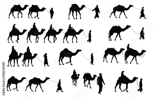 Black silhouette of camel rider and camel lead on white background isolated on white background. Vector illustration.