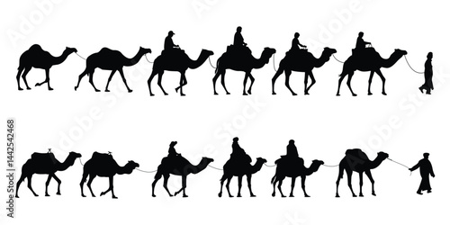 Silhouette of camel rider and camel lead in a long line, white background, isolated, vector illustration.