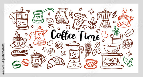 Coffee Time Set a cozy hand drawn line art chalk and charcoal vector collection featuring coffee cups, croissants, cookies, sugar cubes, and coffee.