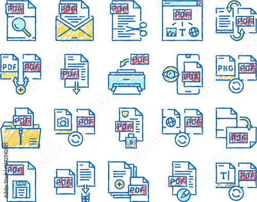 Pdf Electronic File set Icons hand drawn