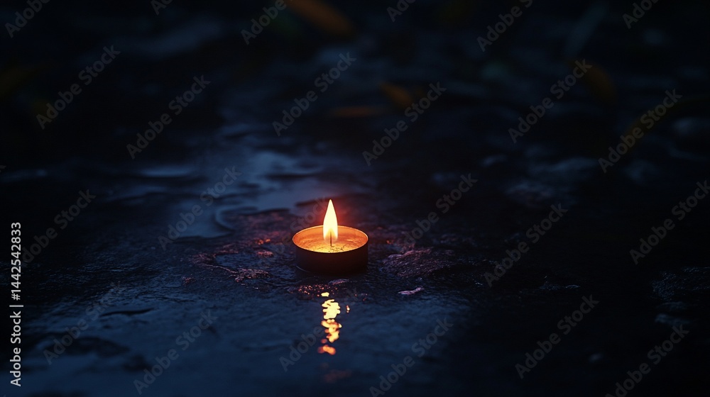 Single candle flame on wet ground at night.
