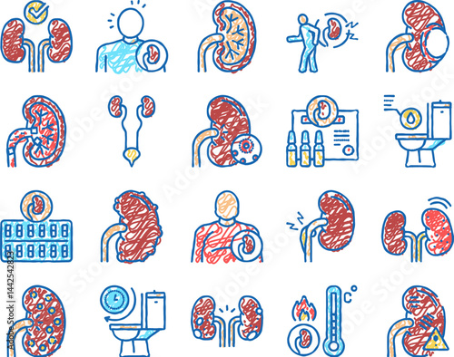 Nephritis Kidneys set Icons hand drawn