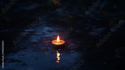 Obraz na płótnie Single candle flame on wet ground at night. w salonie