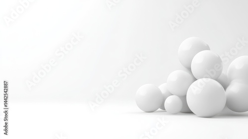 White Spheres Minimalist Group, Smooth Surfaces, High-quality Render, Wide Angle Shot, Subtle Shadows, Abstract Composition, Clean Background, Bright Monochromatic, Ideal for Website Design.