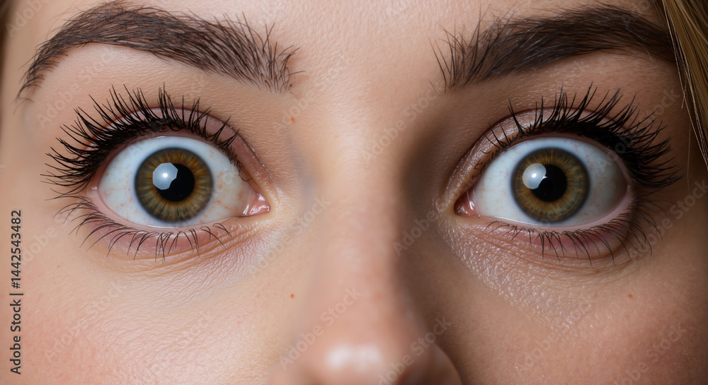 Fototapeta premium Caucasian woman with wide open eyes, closeup, brown background. Surprise, shock, fear, emotion, wellness, mental health, awareness, sale, horizontal banner