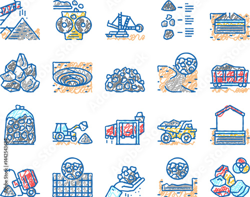 Crushed Stone Mining set Icons hand drawn