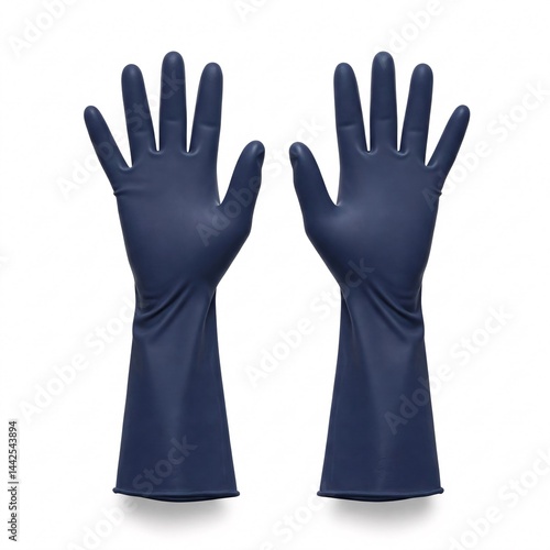 Pair of long dark blue rubber gloves, isolated on white background