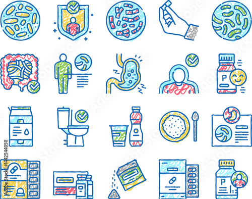 Probiotics Bacterium set Icons hand drawn