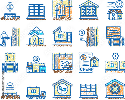 Timber Frame House set Icons hand drawn