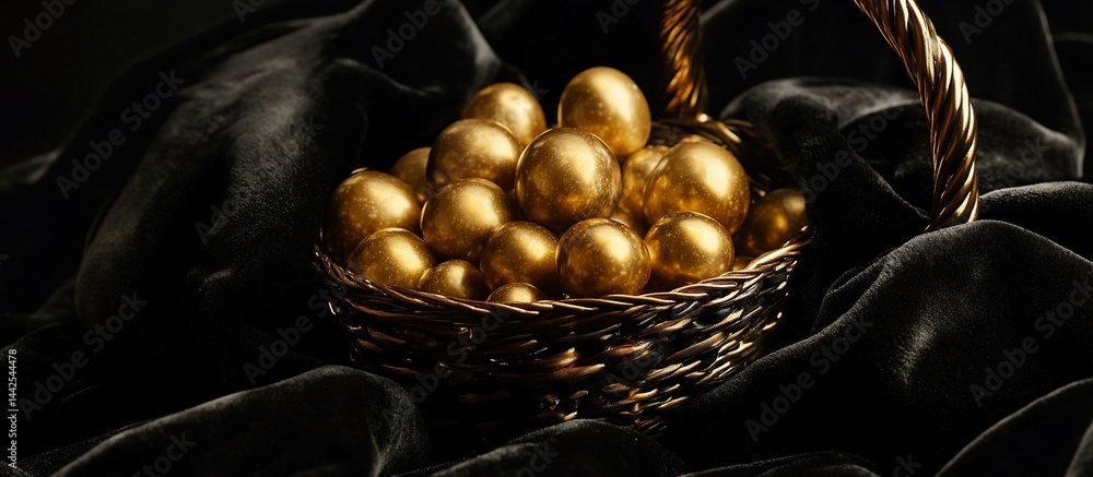 Golden spheres in a dark wicker basket on black silk.