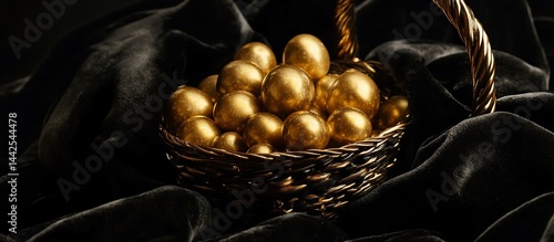 Obraz na płótnie Golden spheres in a dark wicker basket on black silk. w salonie