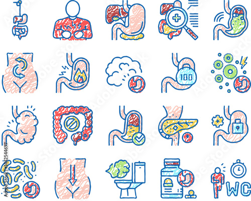Digestion Disease And Treatment Icons hand drawn