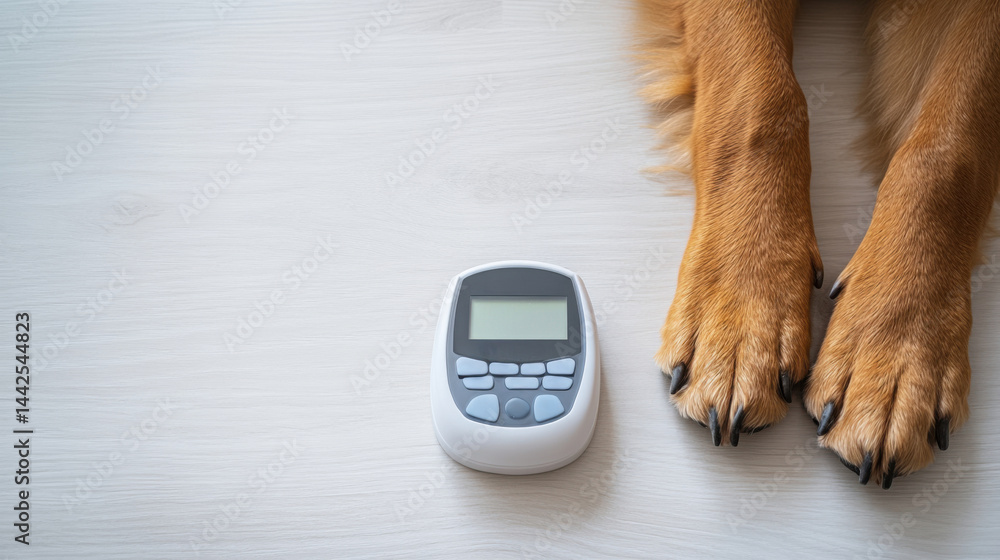 Dog's paw placed next to a sleek digital glucometer on a clean white medical table for diabetes awareness