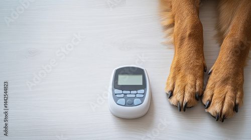 Obraz na płótnie Dog's paw placed next to a sleek digital glucometer on a clean white medical table for diabetes awareness w salonie