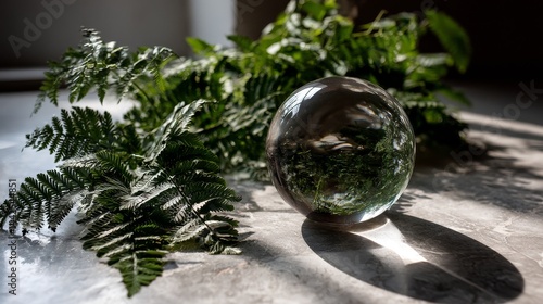 Wallpaper Mural Glass orb reflects sunlight and vibrant colors through various ferns, creating a beautiful interplay of light and shadow on textured marble Torontodigital.ca