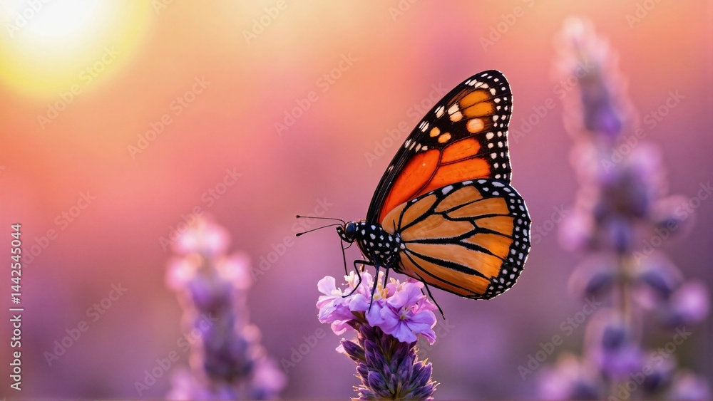 Fototapeta premium Macro Monarch Butterfly on Lavender at Dewy Sunrise
