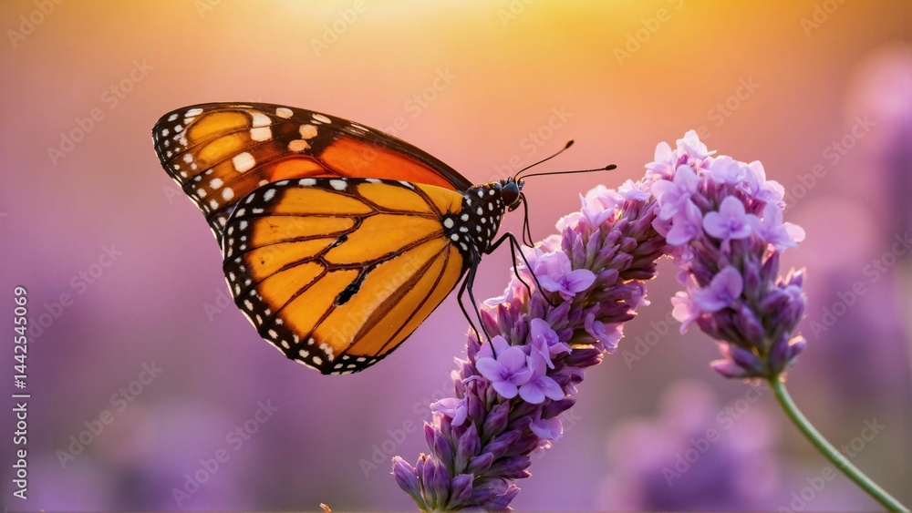 Fototapeta premium Macro Monarch Butterfly on Lavender at Dewy Sunrise