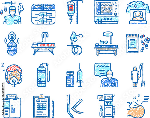Anesthesiologist Tool set Icons hand drawn