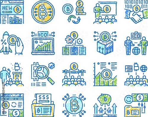 Ico Initial Coin Offer set Icons hand drawn