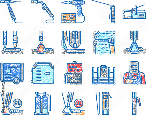 Welding Machine Tool set Icons hand drawn