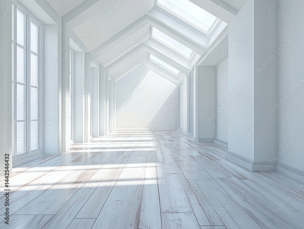 Obraz premium Empty white hallway with large windows and skylights