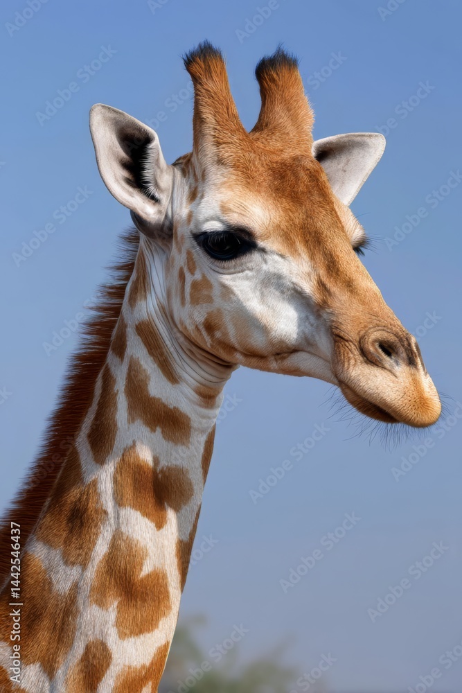 Fototapeta premium Discovering the Majestic Giraffe Standing Gracefully Amidst Lush Green Grass and Blue Skies