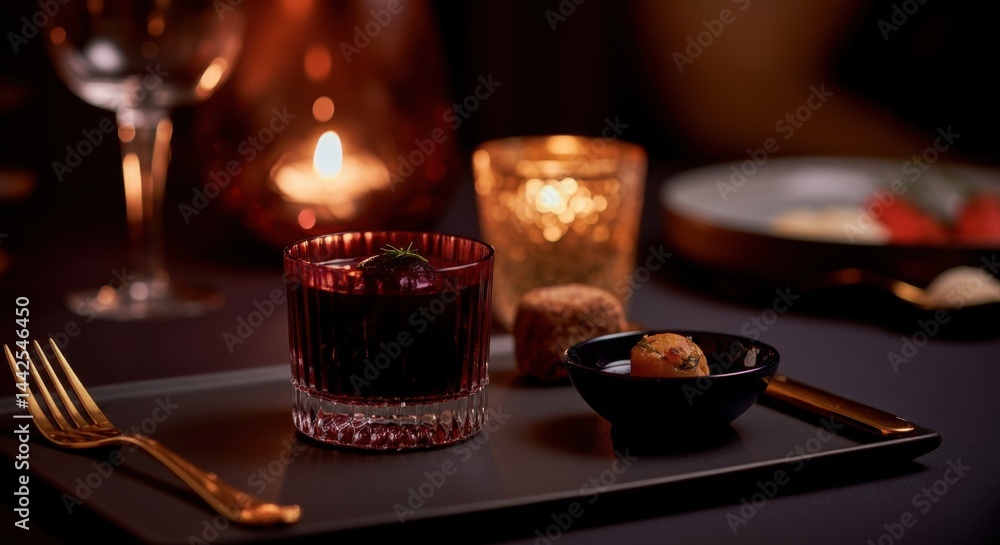 Elegant candlelit dinner with red drink and appetizers on dark table setting Elegant candlelit dinner with red drink and appetizers on dark table setting