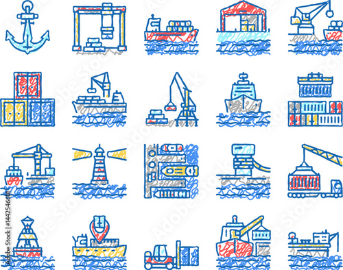 Container Port Tool set Icons hand drawn