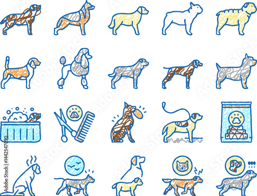 Dog Domestic Animal set Icons hand drawn