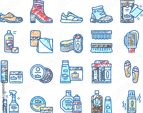 Shoe Care Accessories set Icons hand drawn