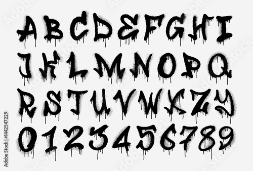 Black spray graffiti font. Urban alphabet, street art letters. Grunge drip print, fashion texture lettering splash, creative poster handwriting. Graffiti vector font spray grainy bold texture.