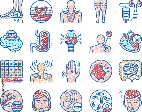 Disease Human Problem set Icons hand drawn