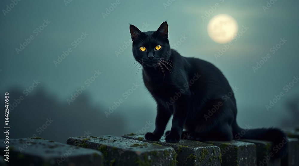 Obraz premium High-resolution stock photo of a sleek black cat with piercing, radiant green glowing eyes, sitting regally on a weathered, moss-covered ancient stone fence, set against a dramatic