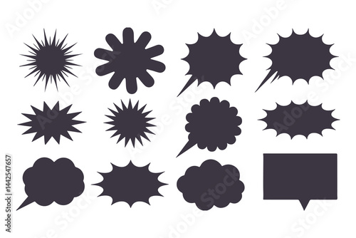 Black Comic Explosion and Speech Bubble Vector Shapes. Starburst Silhouettes for Graphic Design, Comic Book Art, Pop Art, and Digital Illustration.