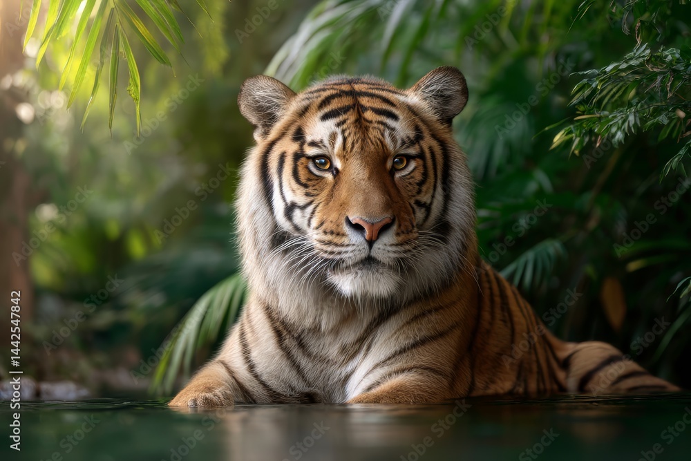 Fototapeta premium Stunning Close-up of a Majestic Tiger Lazing by the Riverbank in Its Vibrant Jungle Habitat