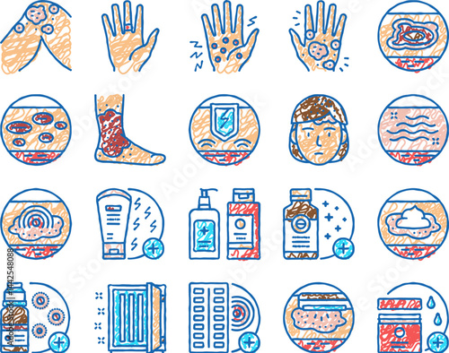 Eczema Disease Treat set Icons hand drawn