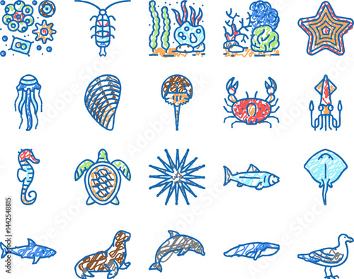 Ocean Underwater Life set Icons hand drawn