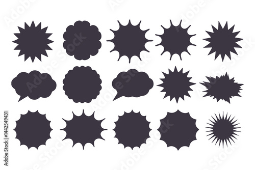 Black Comic Explosion and Speech Bubble Vector Shapes. Starburst Silhouettes for Graphic Design, Comic Book Art, Pop Art, and Digital Illustration.