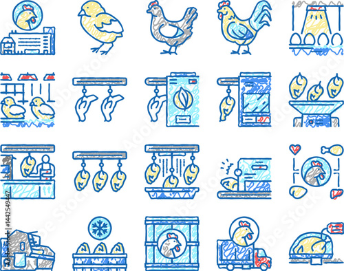 Chicken Meat Factory set Icons hand drawn