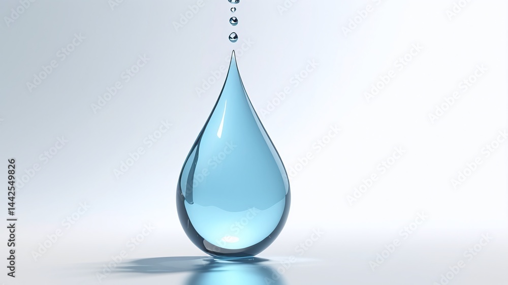 A single, perfectly formed drop of clear, lightblue water is isolated against a stark white background. Its transparency and teardrop shape are clearly visible. A single, perfectly formed drop of clear, lightblue water is isolated against a stark white background. Its transparency and teardrop shape are clearly visible.