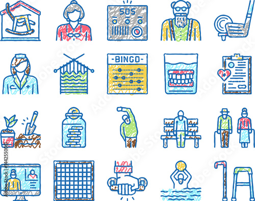 Elderly People Care set Icons hand drawn