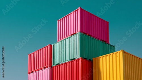 Vibrant Stack of Colorful Shipping Containers Against a Teal Sky. A bold, modern image.