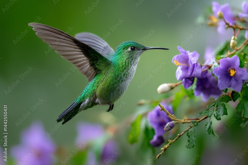Captivating Hummingbird Displaying Graceful Flight Near Vibrant Purple Flower Bloom Captivating Hummingbird Displaying Graceful Flight Near Vibrant Purple Flower Bloom