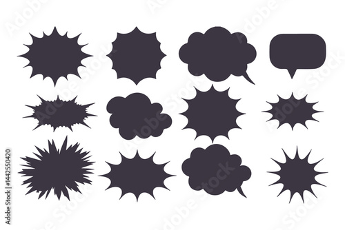 Black Comic Explosion and Speech Bubble Vector Shapes. Starburst Silhouettes for Graphic Design, Comic Book Art, Pop Art, and Digital Illustration.