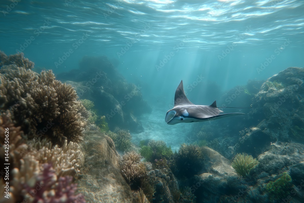 Fototapeta premium Majestic Giant Manta Ray Gracefully Swimming Through Rocky Ocean Depths and Natural Splendor