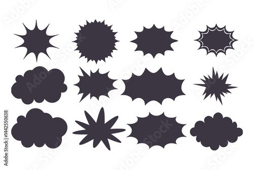 Black Comic Explosion and Speech Bubble Vector Shapes. Starburst Silhouettes for Graphic Design, Comic Book Art, Pop Art, and Digital Illustration.